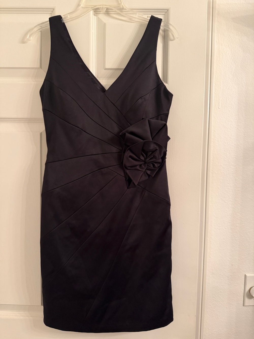 Max & Cleo Black V-Neck Midi Dress with Rosette Detail